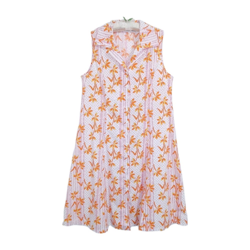 Vintage Lane Bryant Shirt Dress Sleeveless 16W Women Orange Floral A Line Retro